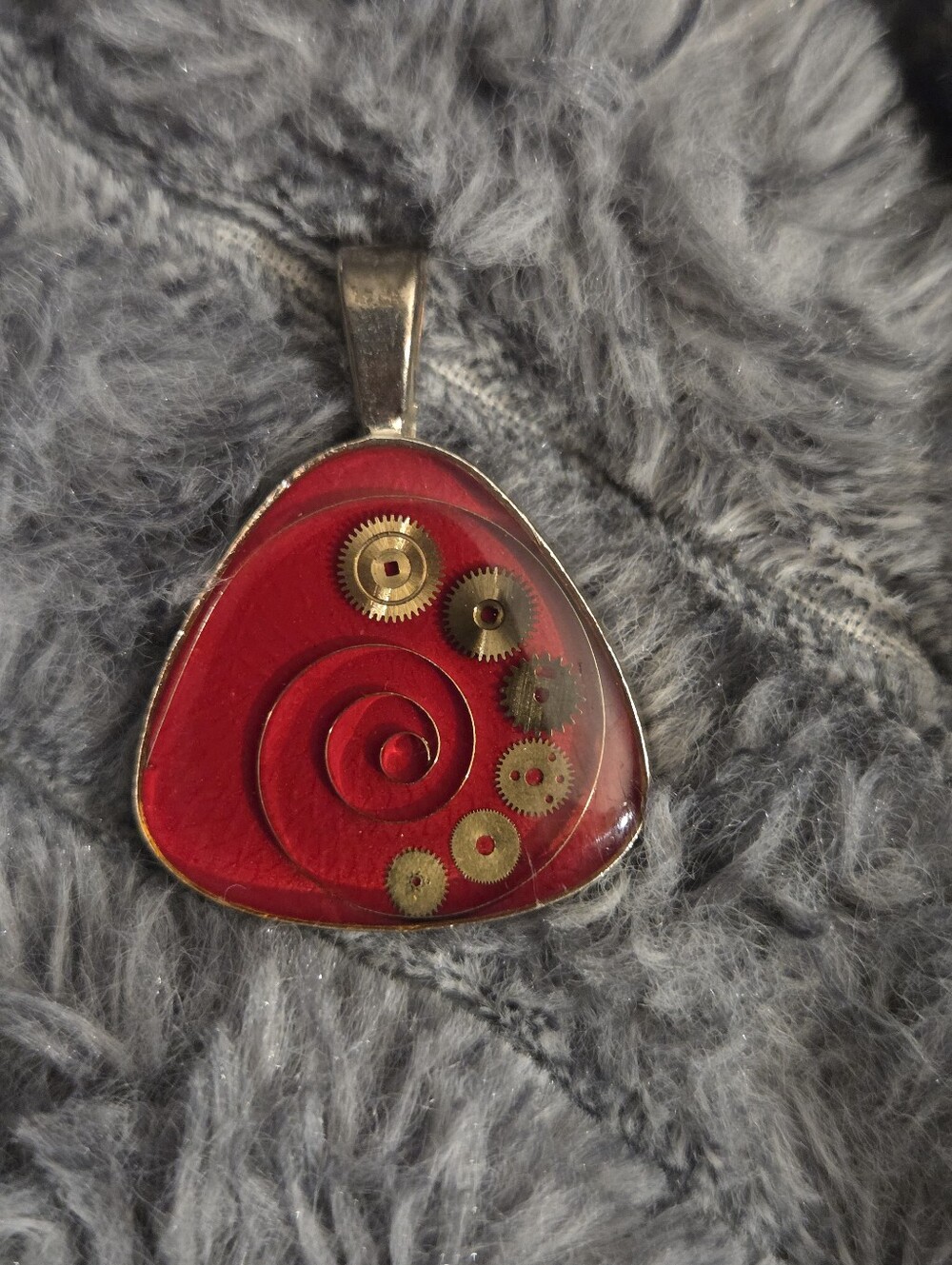 Red Steampunk Resin Pendant | Vintage Clock Gears & Sunburst Back Bezel